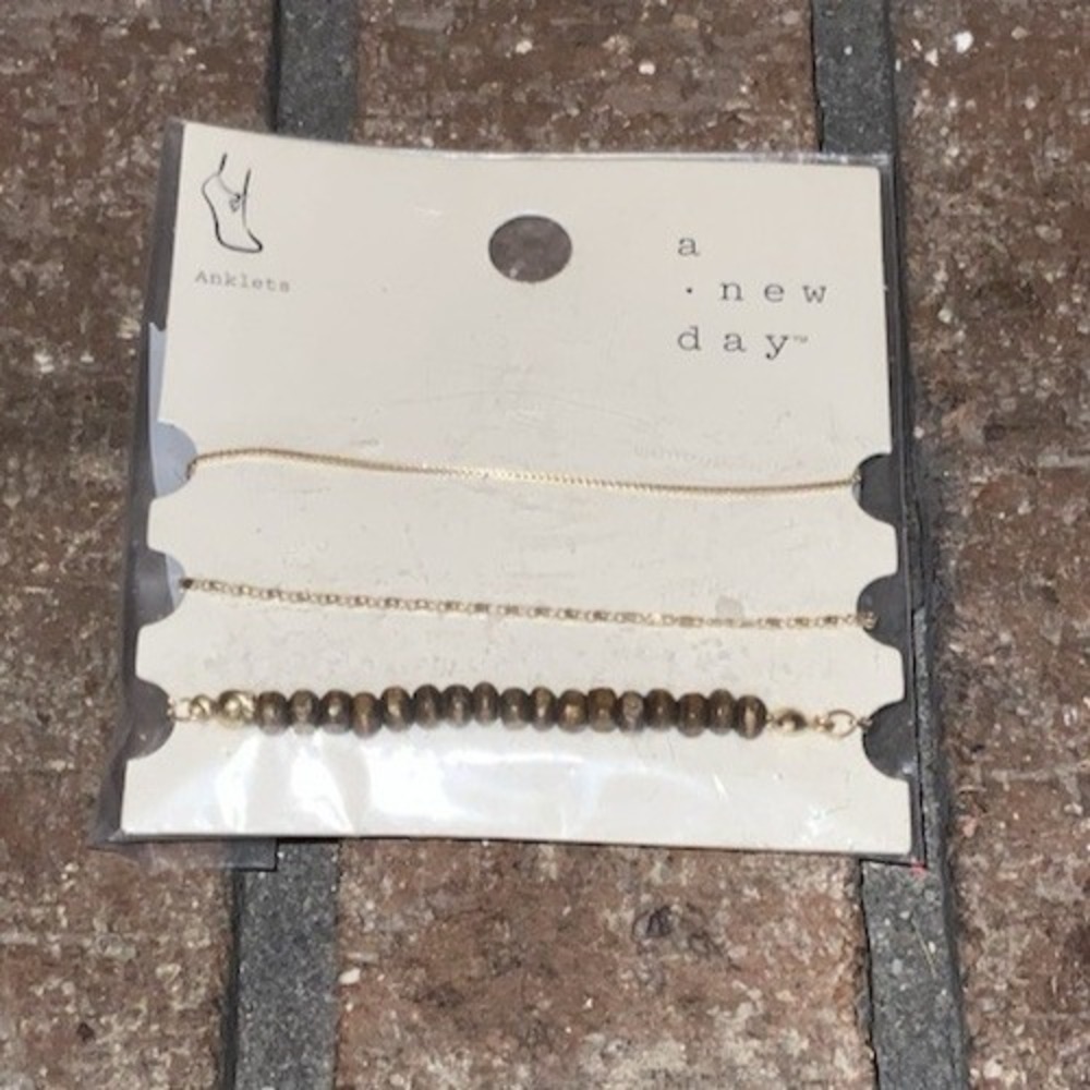 A New Day 3pk Gold Chain Wood Beads Anklets